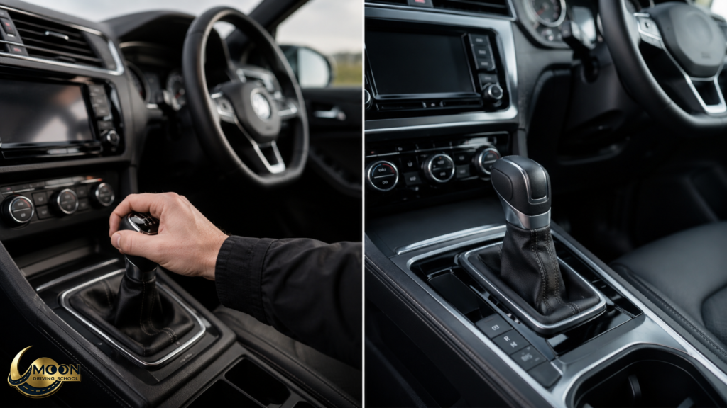 Manual and automatic gear selectors in modern right-hand drive cars for UK driving lessons