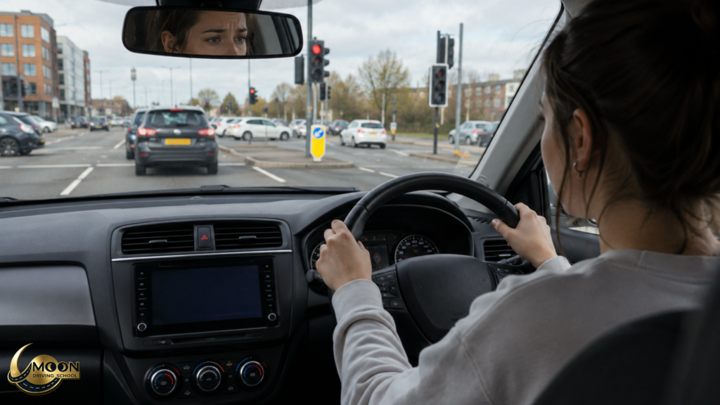 Learner driver in a right-hand drive car waiting at traffic lights during a UK driving lesson
