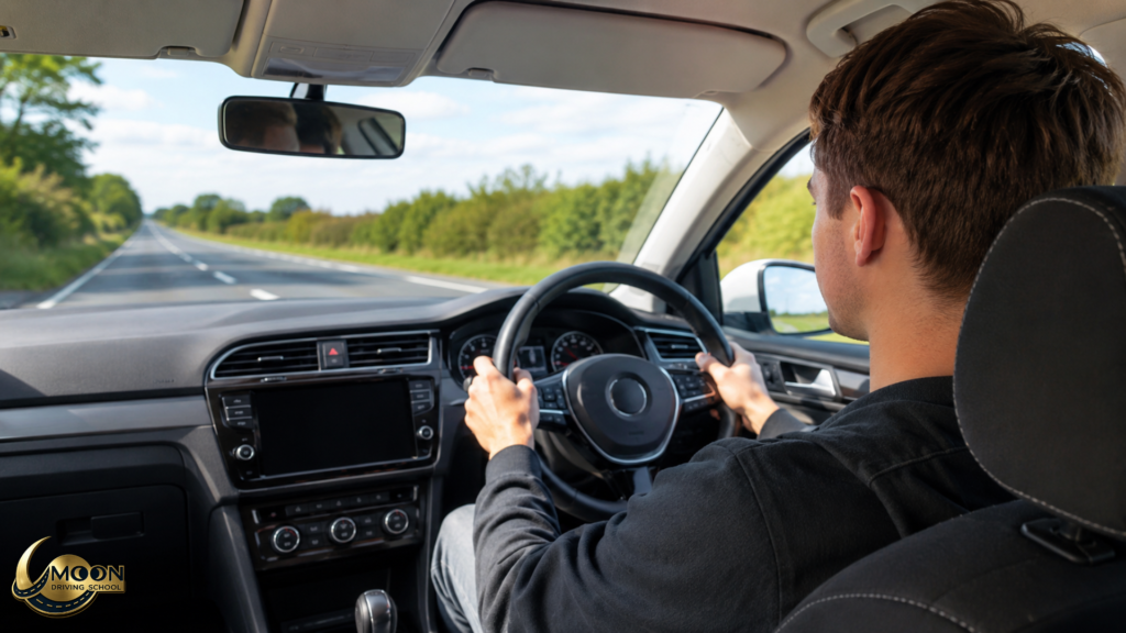 Learner driver practising on a quiet UK country road in a right-hand drive car with Moon Driving School