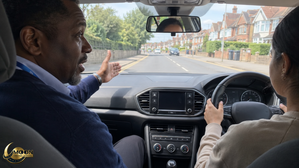 Driving instructor calmly guiding a learner driver inside a right-hand drive car on a British road
