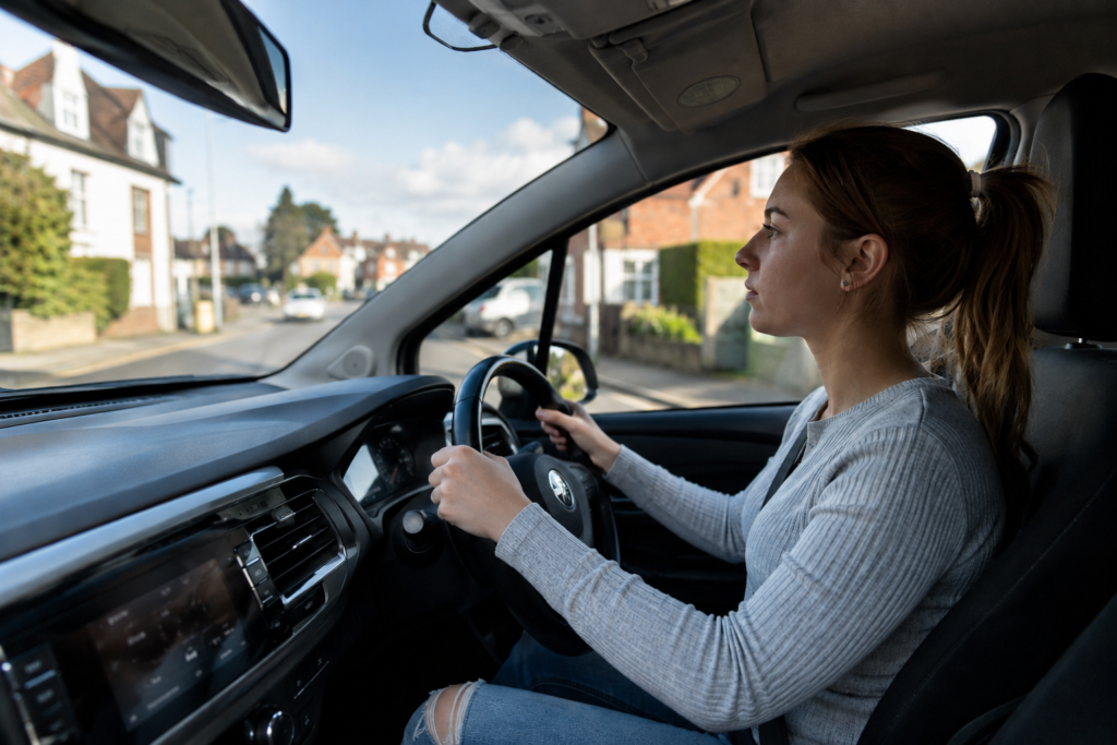 Learner driver receiving driving practice in a modern UK car on a quiet residential road.